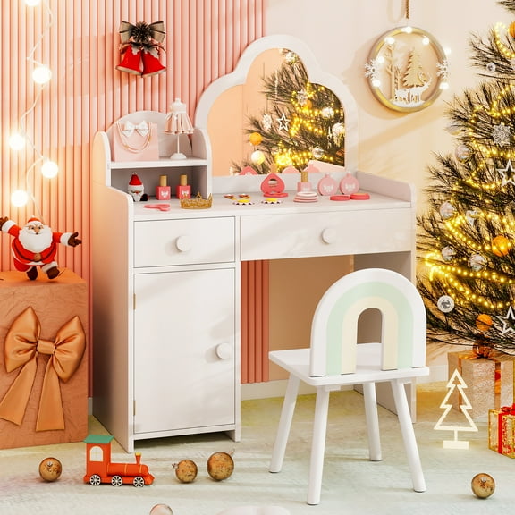 Costway Kids Vanity Table and Chair Set with Cloud-shaped Mirror Open Shelf Storage Drawers White