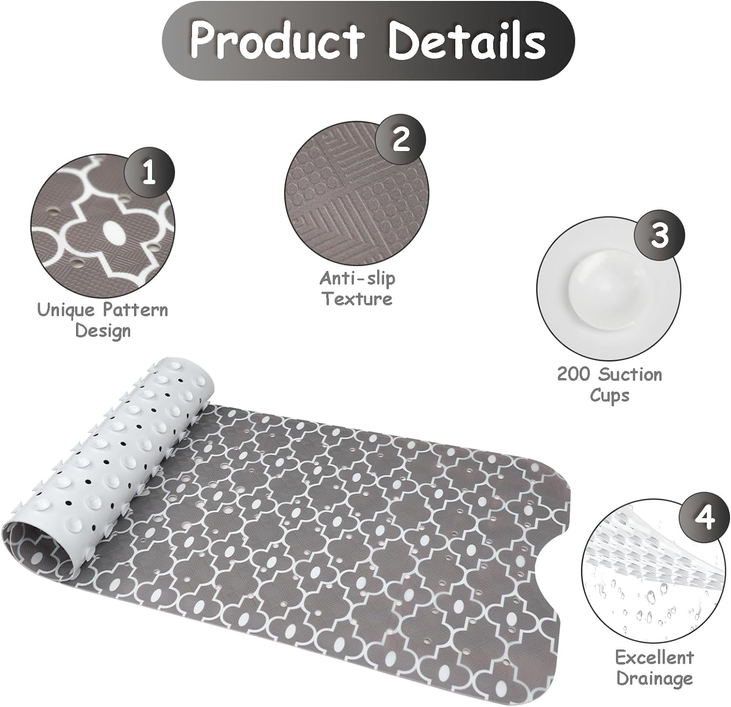 Bathtub Mat Non Slip, Grey Extra Long Bath tub Mat Shower Floor Mat with Suction Cups and Drain Holes for Adults Kids Elderly 40 X 16 Inch