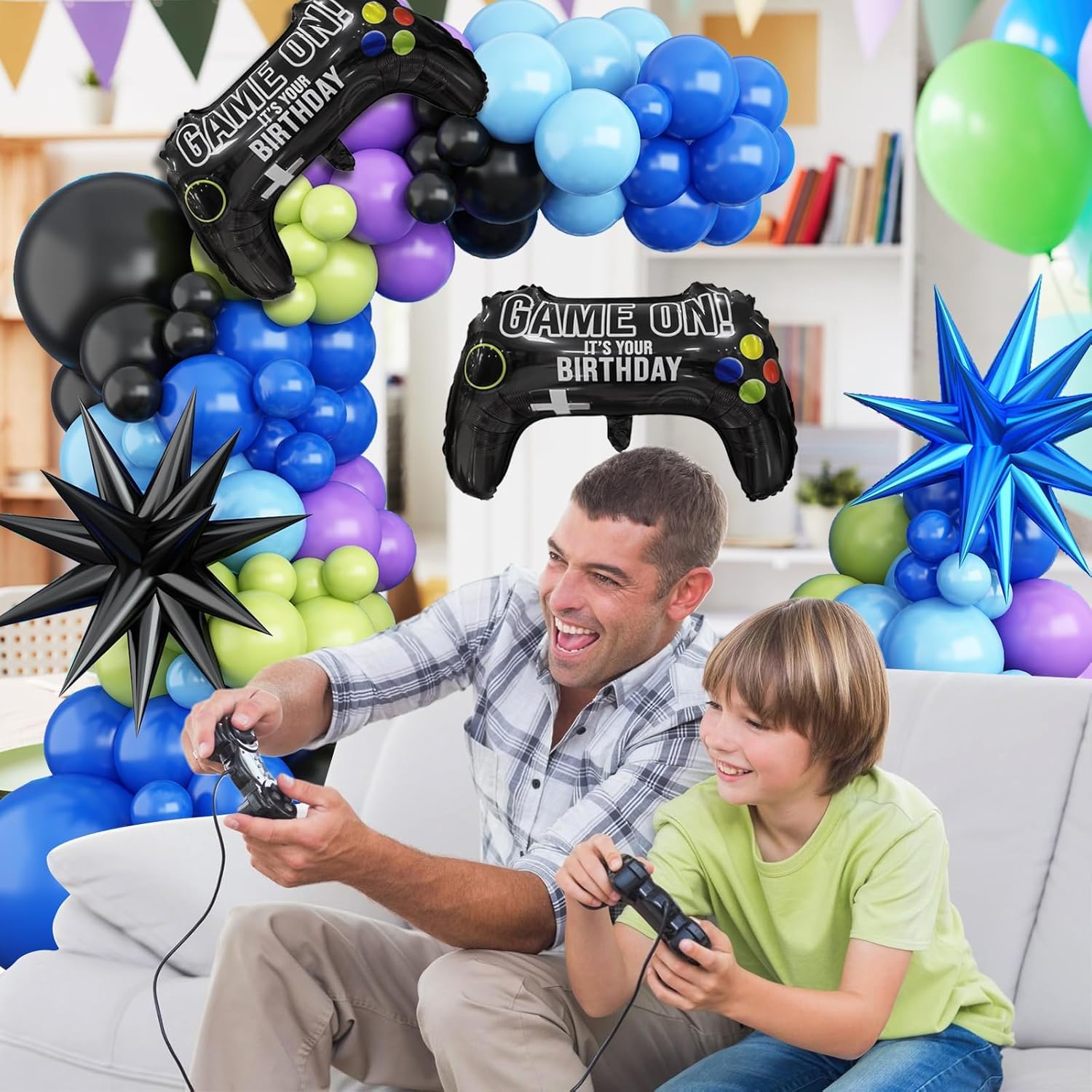 Video Game Balloon Arch Garland Kit, Blue Purple Green Black Party Balloons with 2 pcs Game Handle Foil Balloons for Video Game Theme Birthday Party Boys Game Night Decor
