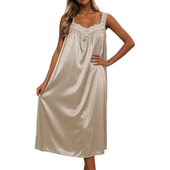 Womens Plus Size Nightgown Sleeveless Ice Silk Lace Trim Loose Bodysuit Summer Beige One Size