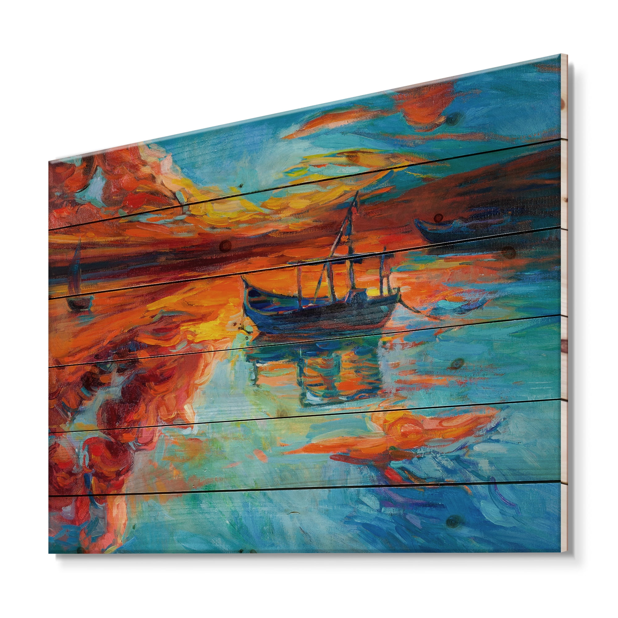 Designart 'Boat At The Lake During Evening Glow IV' Nautical & Coastal Print on Natural Pine Wood