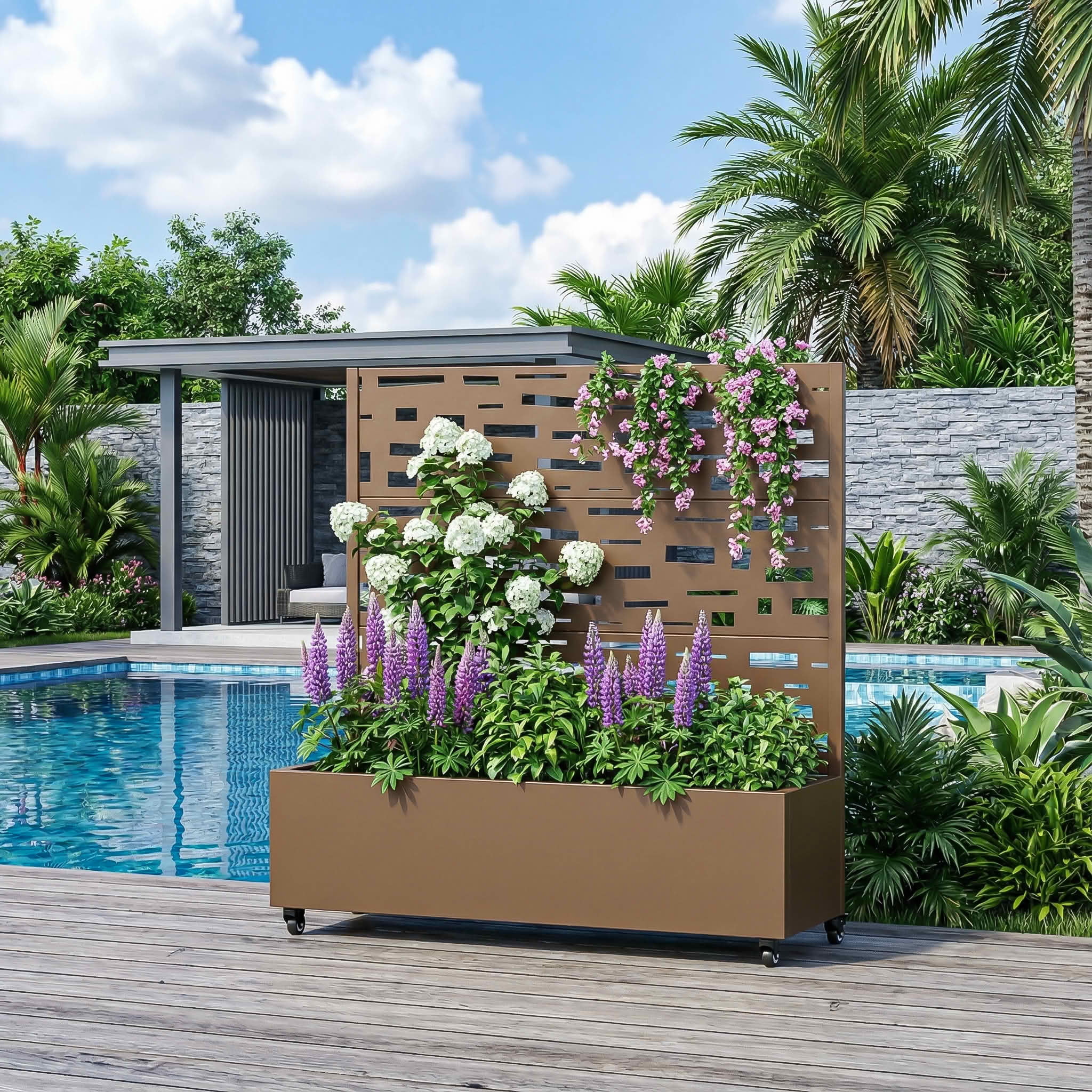 MAYEERTY 47X47" Metal Outdoor Brown Privacy Screen with Planter Box for Backyard & Garden, 3 Piece Set