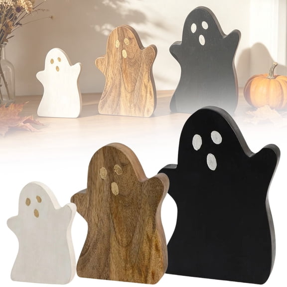 Wooden Ghost Decorations, 3 PCS Freestanding Halloween Ghost Figures for Mantel, Shelf, Tabletop & Home Decor