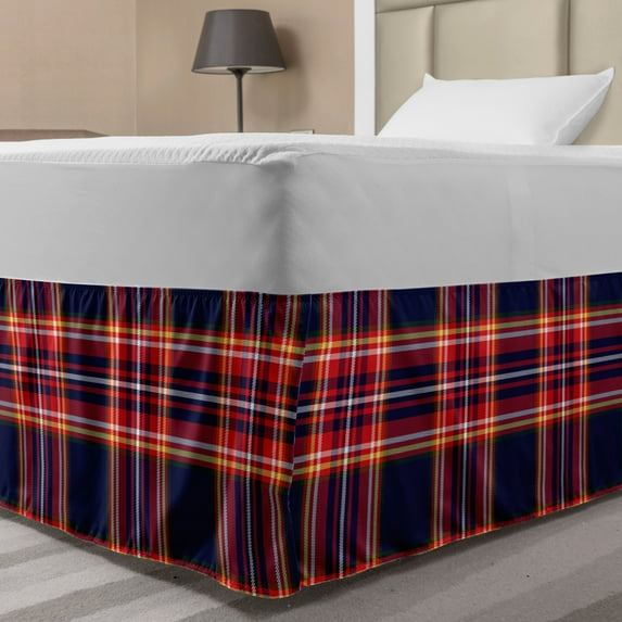 Plaid Bed Skirt, Traditional Pattern from Scotland Vivid and Geometric Cultural Design Abstract Look, Elastic Bedskirt Dust Ruffle Wrap Around for Bedding Decor, 4 Sizes, Multicolor, by Ambesonne