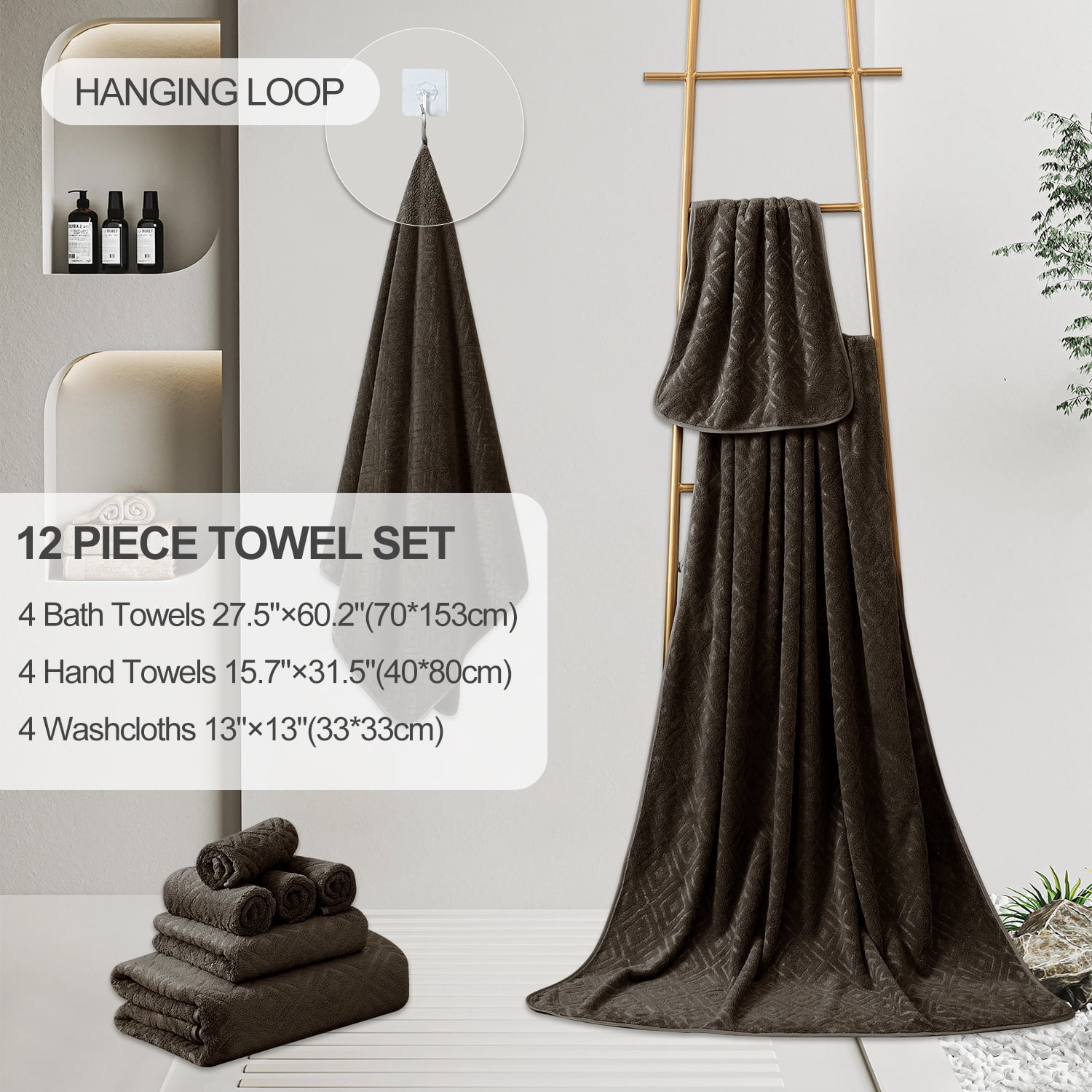 12 Piece Family Towels Set for Bathroom, Quick Drying, High Absorbent Ultra Soft Towel Sheet, Includes 4 Bath Towels, 4 Hand Towels, & 4 Washcloths (Dark Brown)