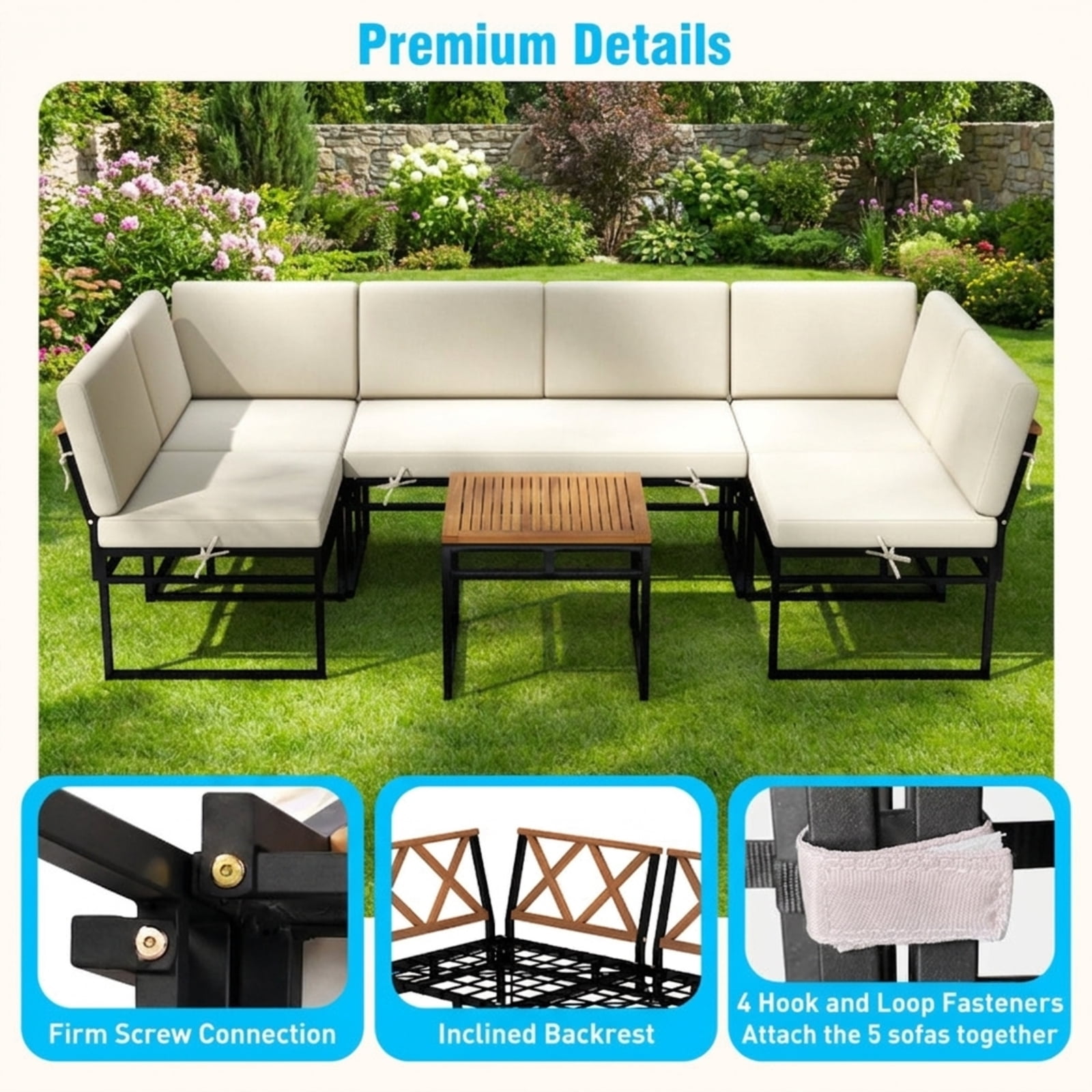Furnibear 6 Piece Outdoor Sectional Sofa Set Metal Acacia Wood Patio Conversation Set with Cushions and Coffee Table for Backyard Garden, Beige