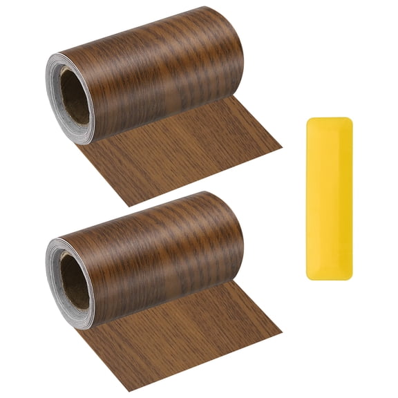 Uxcell 2pcs Wood Grain Repair Tape 4" x 16ft Self-Adhesive Repair Patch Realistic Wooden Floor Tapes with Plastic Scraper for Tables Doors Windows Furniture Chair, Teak