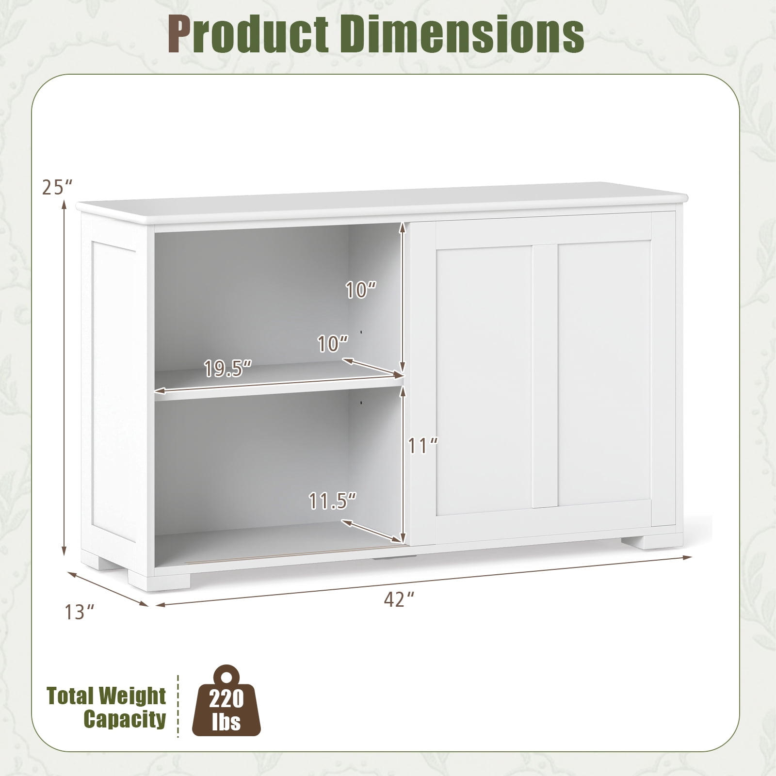 Costway 42" Sideboard Buffet Cabinet Wooden Kitchen Storage Cabinet White