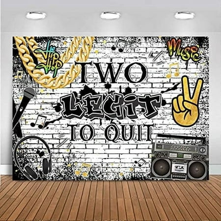 Image of Hip Hop 2nd Birthday Photography Backdrops Two Legit to Quit Birthday White Brick Wall Photo Booth Vinyl Old School Retro Music Rock Punk Party Banner Decorations Studio Props (7x5ft)
