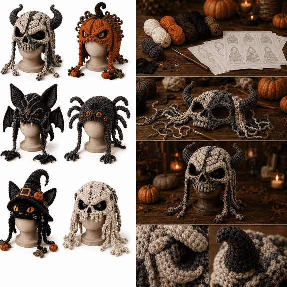 Halloween Monster Hood DIY Crochet Kit, Crochet Hat Craft Set with Yarn, Hook and Step Guide for Adults, Fantasy Handmade Costume Accessory and Halloween Gift, A