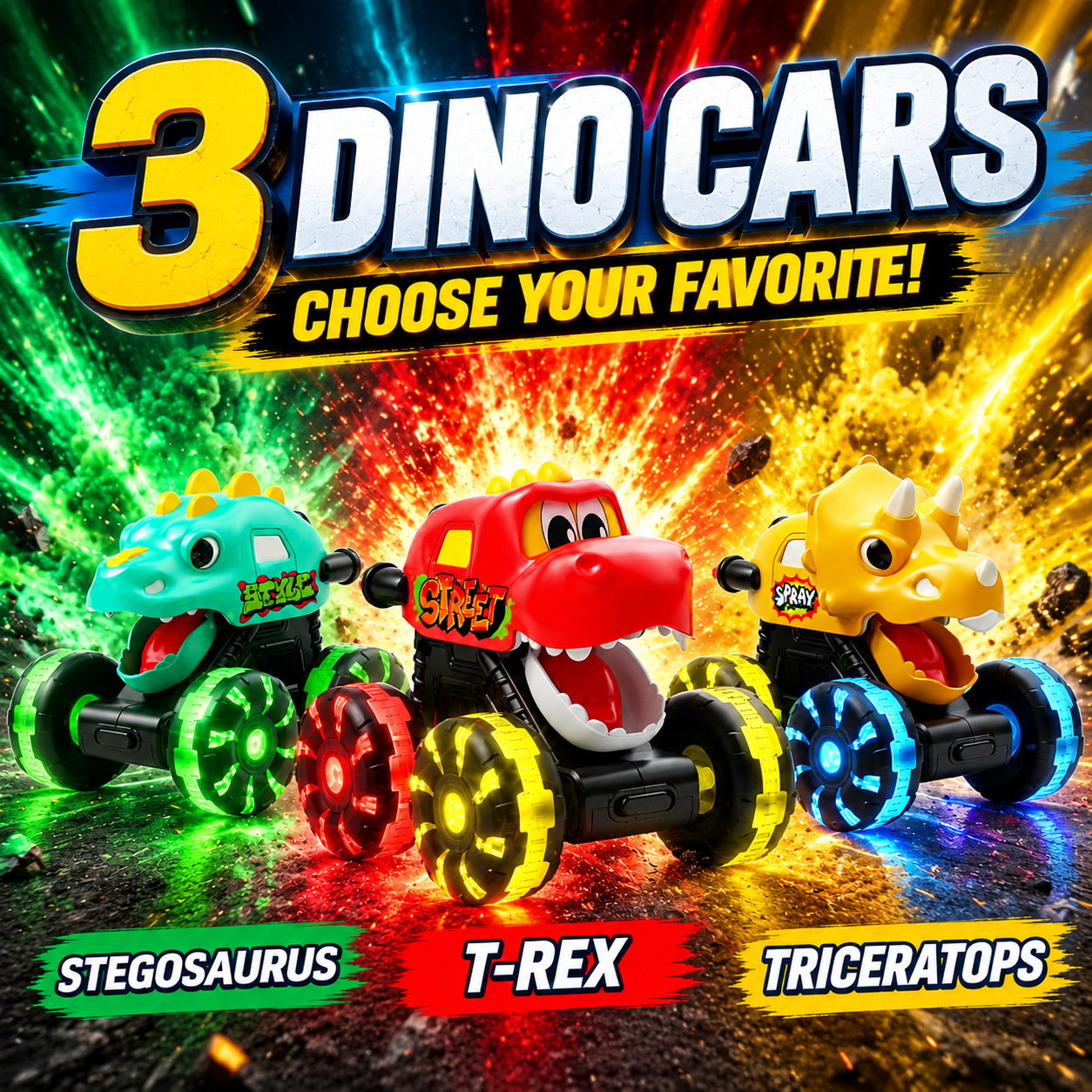 Dimoarch Dinosaur Trucks 3-Pack with LED Wheels for Toddlers photo 4
