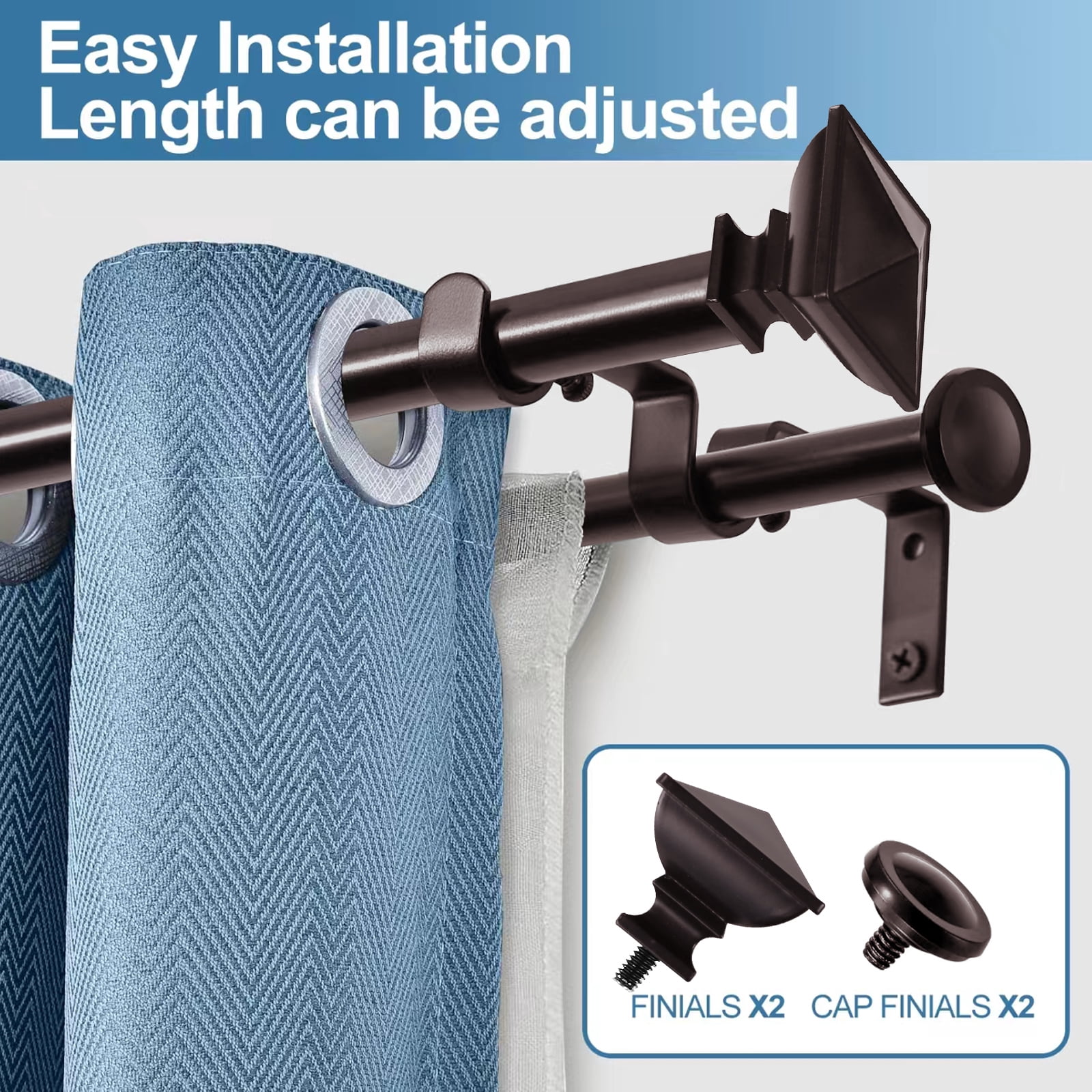 Urbanest Adjustable Double Curtain Rod Set Metal with Decorative Square Urn Finials, Heavy-Duty