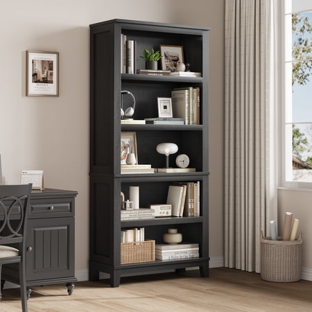 Sturdy 71" Farmhouse Bookcase - 5-Tier Freestanding Bookshelf with 3 Adjustable Shelves, Wooden Legs, Ample Storage for Living Room, Home Office, Library, Rustic Black