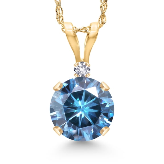 Gem Stone King 14K Yellow Gold Persian Blue Moissanite and White Created Sapphire Pendant Necklace for Women | 0.82 Cttw | Gemstone Birthstone | Round 6MM | With 18 inch Chain