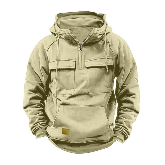 WREESH Men's Winter Tactical Cargo Hoodie Quarter-Zip Sweatshirts Multi-Pocket Athletic Hooded Pullover Beige