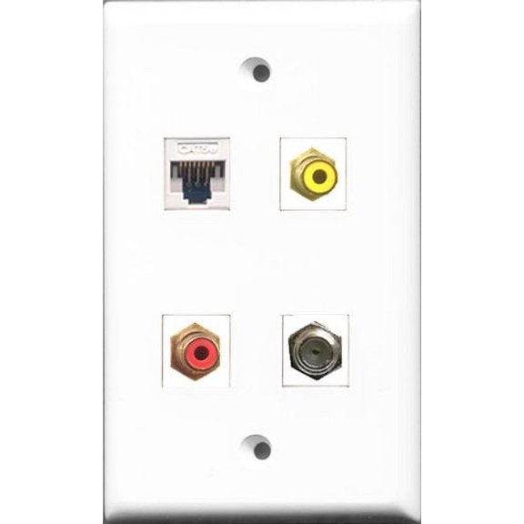 RiteAV 1 Port RCA Red and 1 Port RCA Yellow and 1 Port Coax Cable TV- F-Type and 1 Port Cat5e Ethernet White Wall Plate