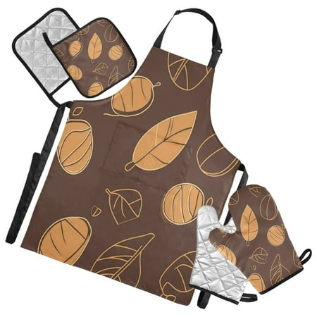 

5-Piece Kitchen Apron Set with Heat-Resistant Gloves & Insulation Mats for Cooking Baking BBQ Acorns and Leaves