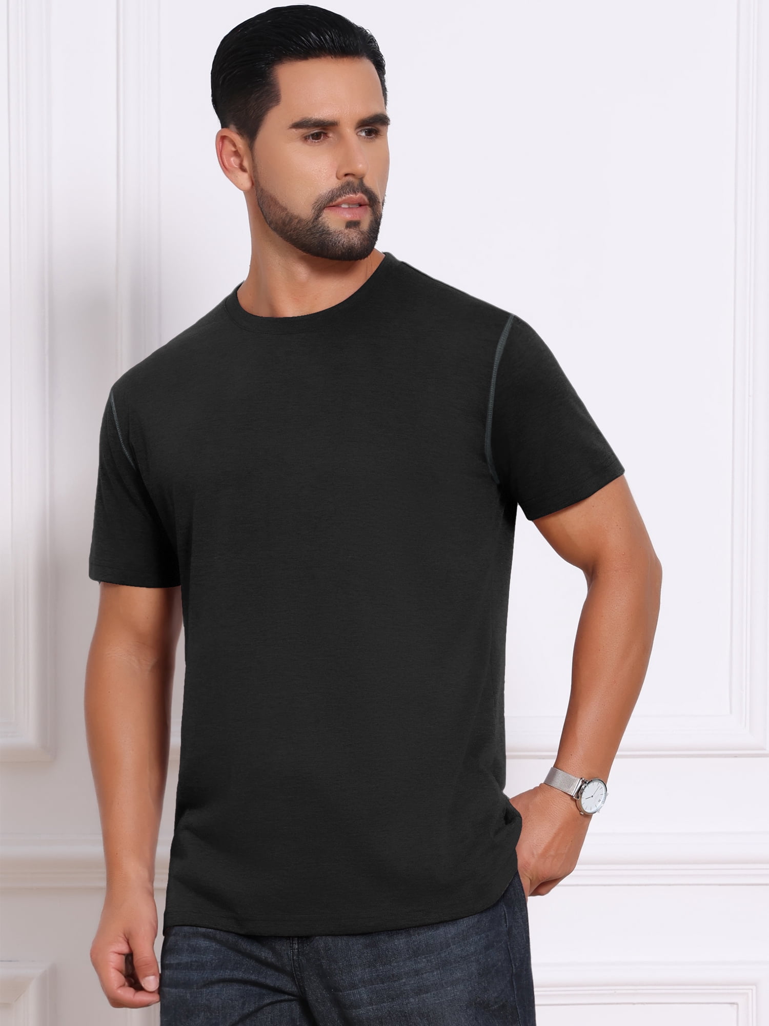 DARING DIVA Men's Crew Neck Short Sleeve Solid Color Retro Style T-Shirt M Black