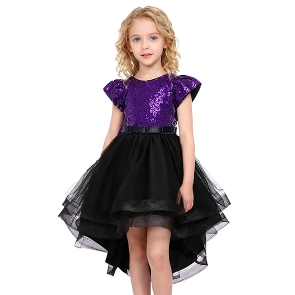 RUTAYY Children Girls Dress Round Neck Sparkly Sequins with Detachable Train Performance Party Gown Casual Holiday Dresses