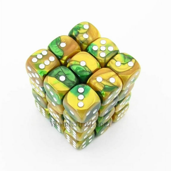 gold and green gemini dice with white pips d6 12mm (1/2in) pack of 36 chessex