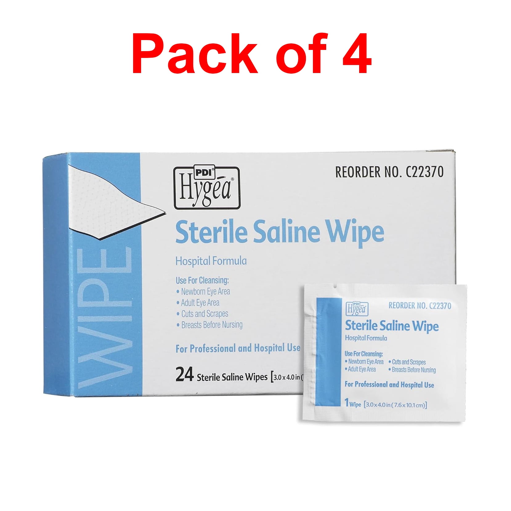 Hygea Sterile Saline Latex-Free Wipes - Gentle Cleansing for Eyes, Cuts, & Scrapes - Safe Wound Care & Eye Cleansing Solution - For Post-Operative Care & Nursing Mothers - 24 Wipes - Pack of 4