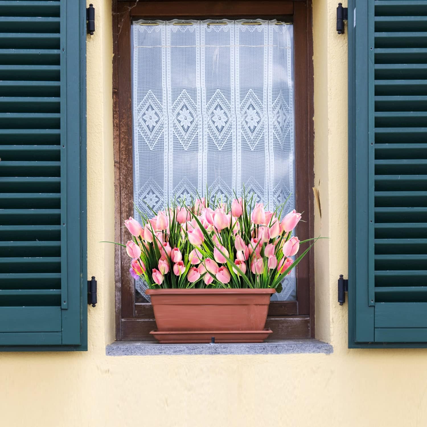 Morttic 8 Pcs Tulips Artificial Flowers for Outdoors, Fake Plants Faux Plastic Silk Floral Arrangement for Home Indoor Outside Table Vase Garden Spring Decor