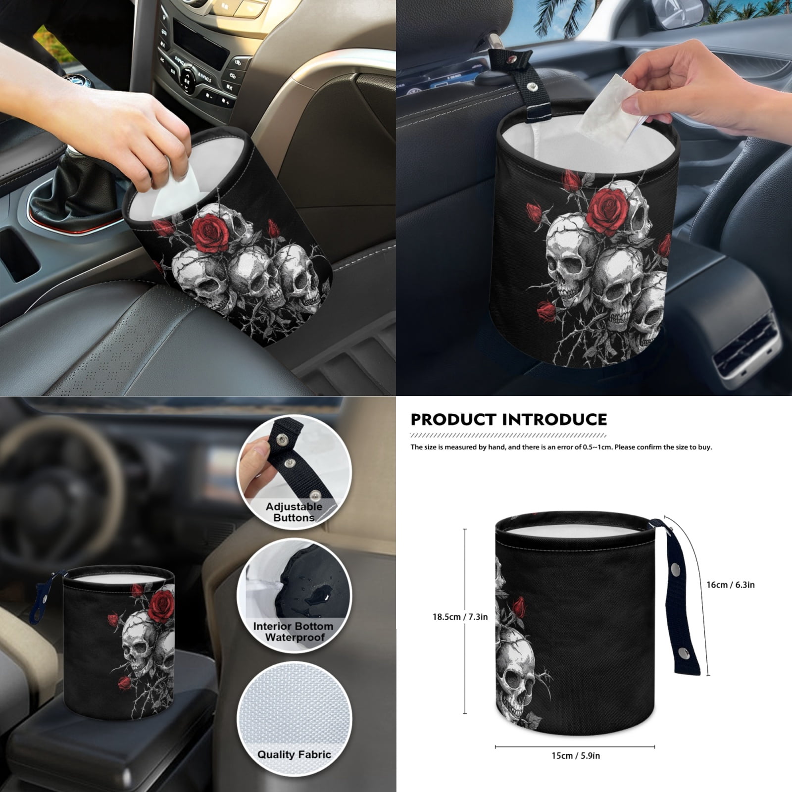 Jeiento Skull Car Seat Covers Set with Steering Wheel Cover Seat Belt Pads Garbage Bag Rose Armrest Cover Handbrake Cover Set Rear View Mirror Protector Coasters Auto Accessory Fit for SUV Van Truck
