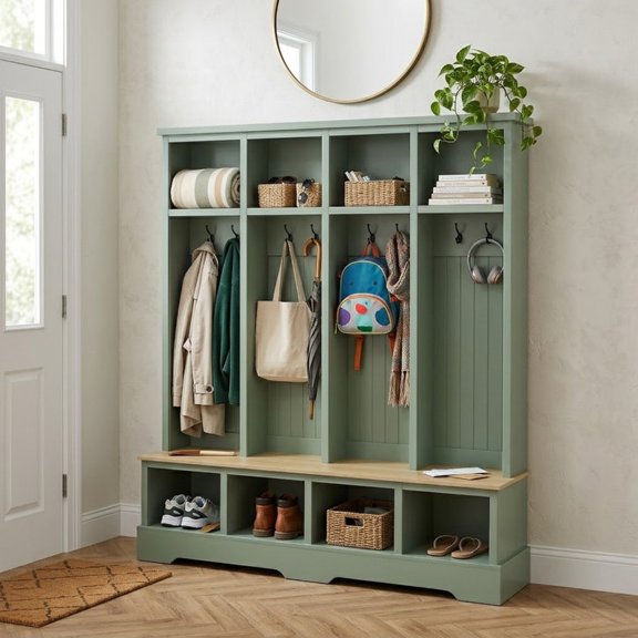 Farmhouse Hall Tree with Bench and 8 Hooks, 76.7" Entryway Coat Rack with Shoe Storage Compartments, 3-in-1 Mudroom Organizer, Hall Tree Bench for Entryway, Living Room