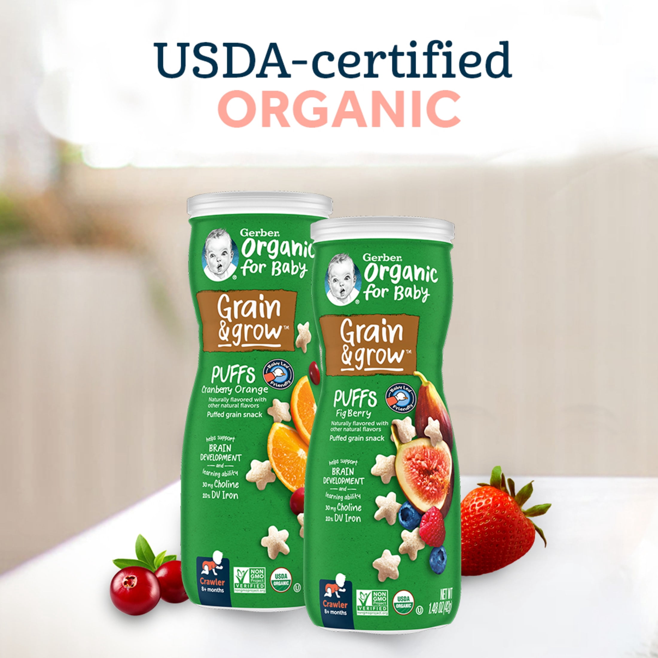 Gerber 2nd Foods Organic for Baby Grain & Grow Puffs, Fig Berry, 1.48 oz Canister (6 Pack)