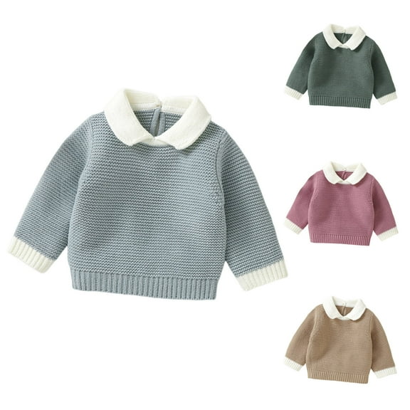 WRKEKC Kids Sweater Girls Boys Collar Solid Color Soft Knit Long Sleeve Thickened Pullover with Contrast for 0-9 Months Fall Winter