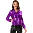 thumbnail image 1 of INSPIRE CHIC Women's Track Jacket Holographic Shiny Long Sleeve Metallic Jacket Zip Front Small Purple, 1 of 6