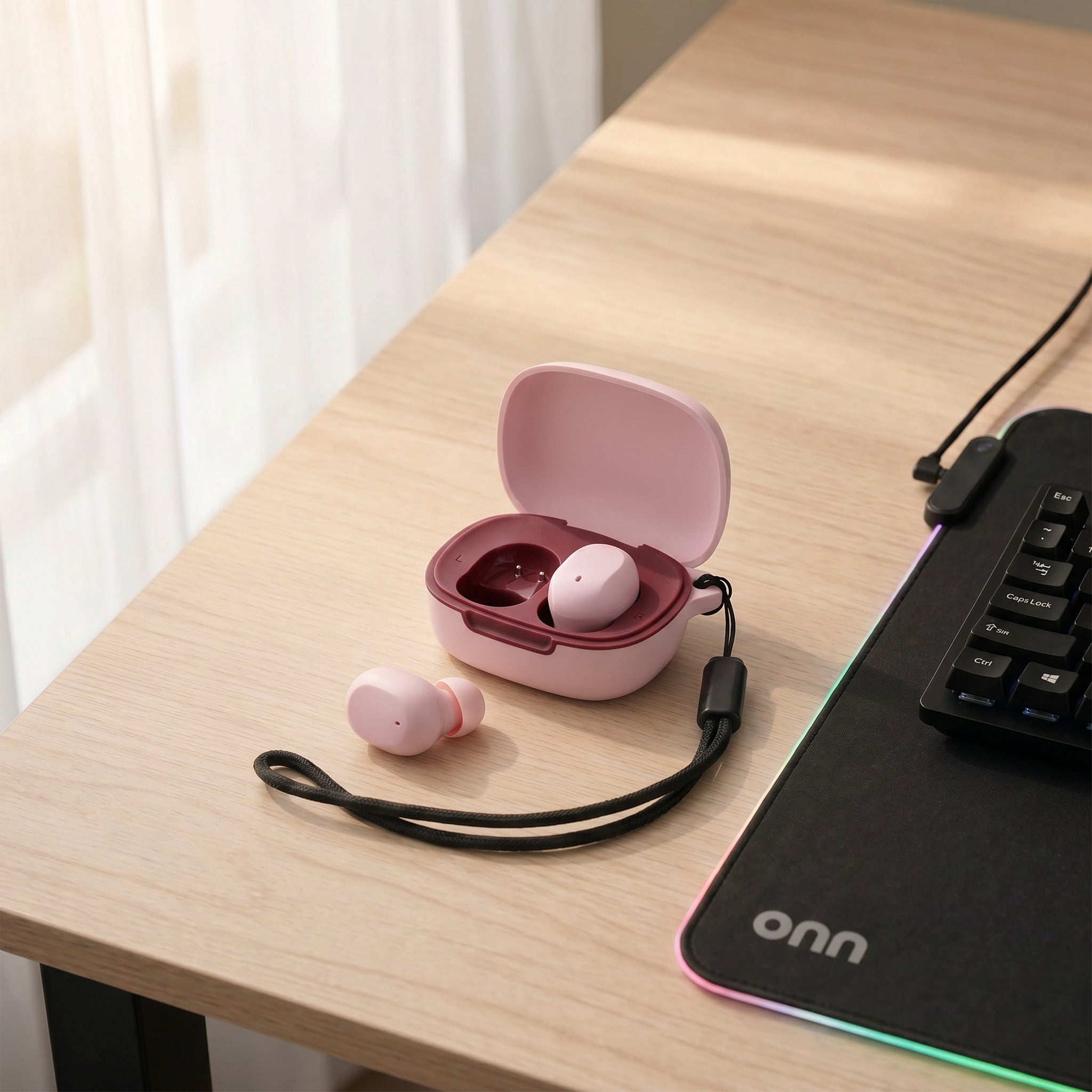 onn Wireless Mini-Earbuds with Wrist-Strap, Pink