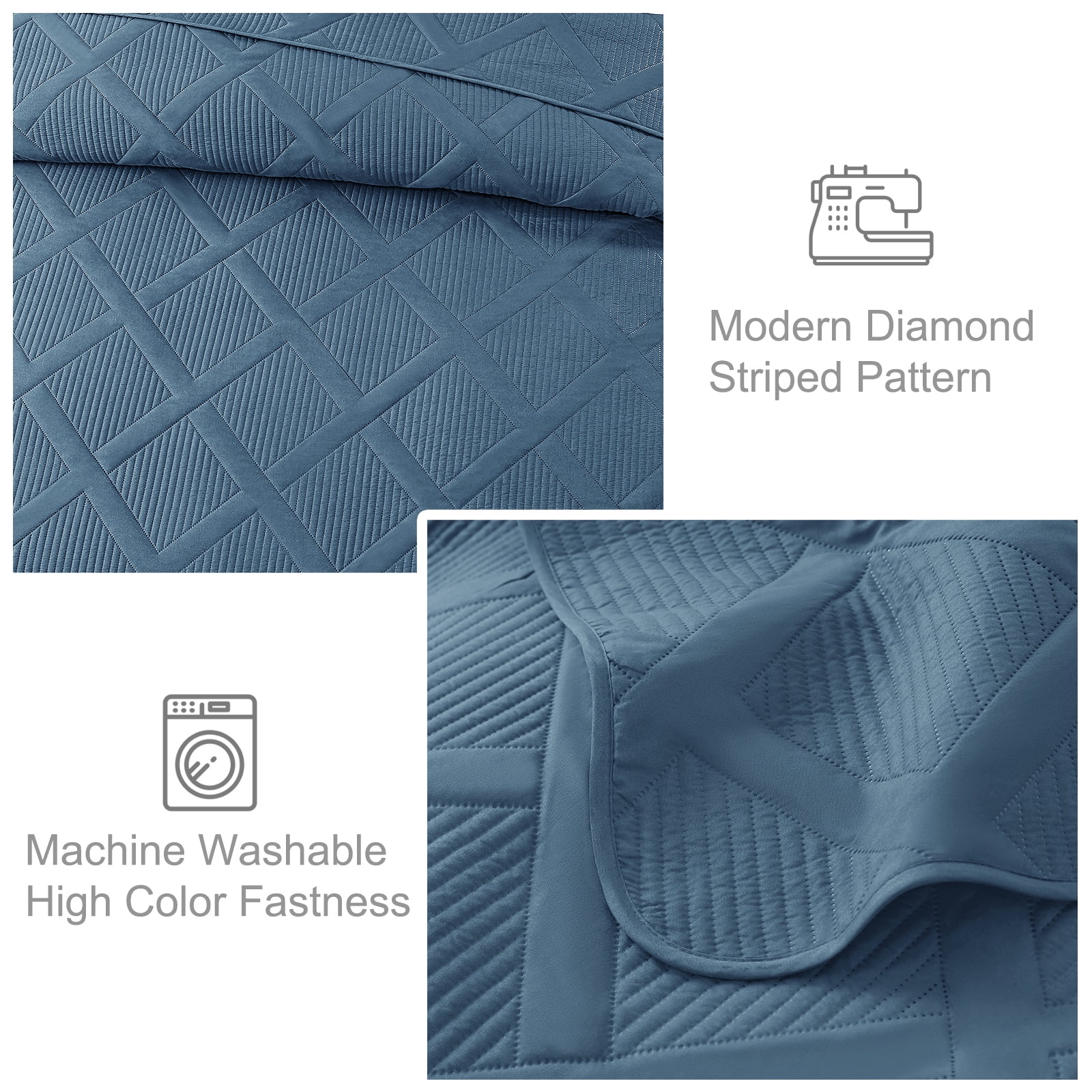 Exclusivo Mezcla Ultrasonic King Quilt Set, 3-Piece Lightweight Bedspreads Modern Striped Coverlet, Bluish Grey