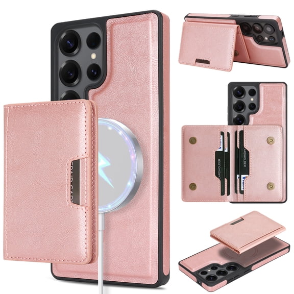 Allytechgroup 2 in 1 Magnetic Wallet Case for Samsung Galaxy S26 Ultra 6.9", Faux Leather Magnetic TPU Back Cover with Card Holder Shockproof [Compatible with Magsafe] Case for Women Men, Rosegold