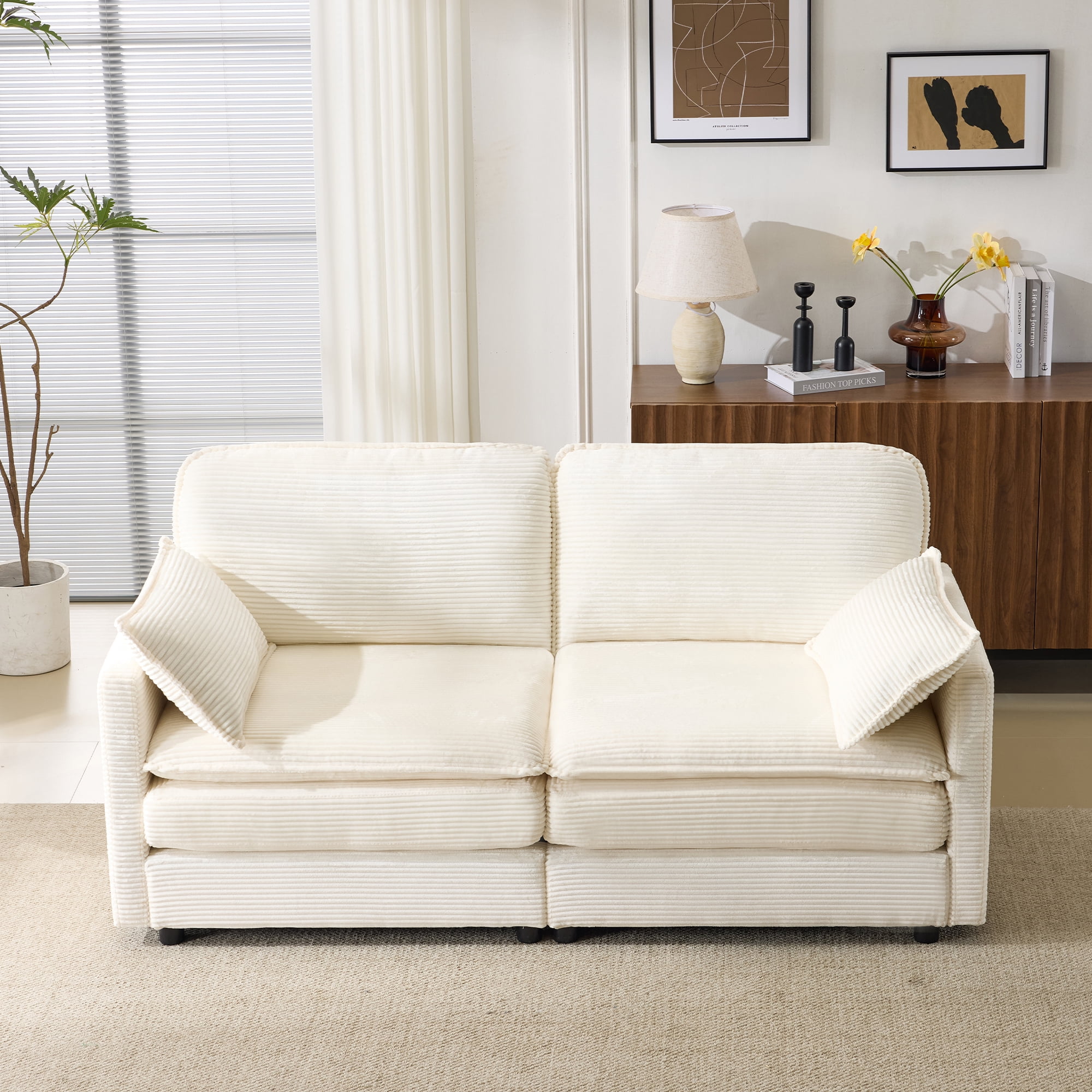 BSHTI 69 inch Corduroy Modular Sectional Sofa, Cloud Loveseat with 2 Throw Pillows, Modern Living Room Sofa for Small Apartment (Beige)
