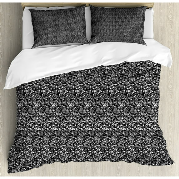 Minimalist Duvet Cover Set Queen Size, Monochromatic Curvy Wavy Swirly Stripes Geometric Avant Garde Print, Decorative 3 Piece Bedding Set with 2 Pillow Shams, Charcoal Grey and White, by Ambesonne