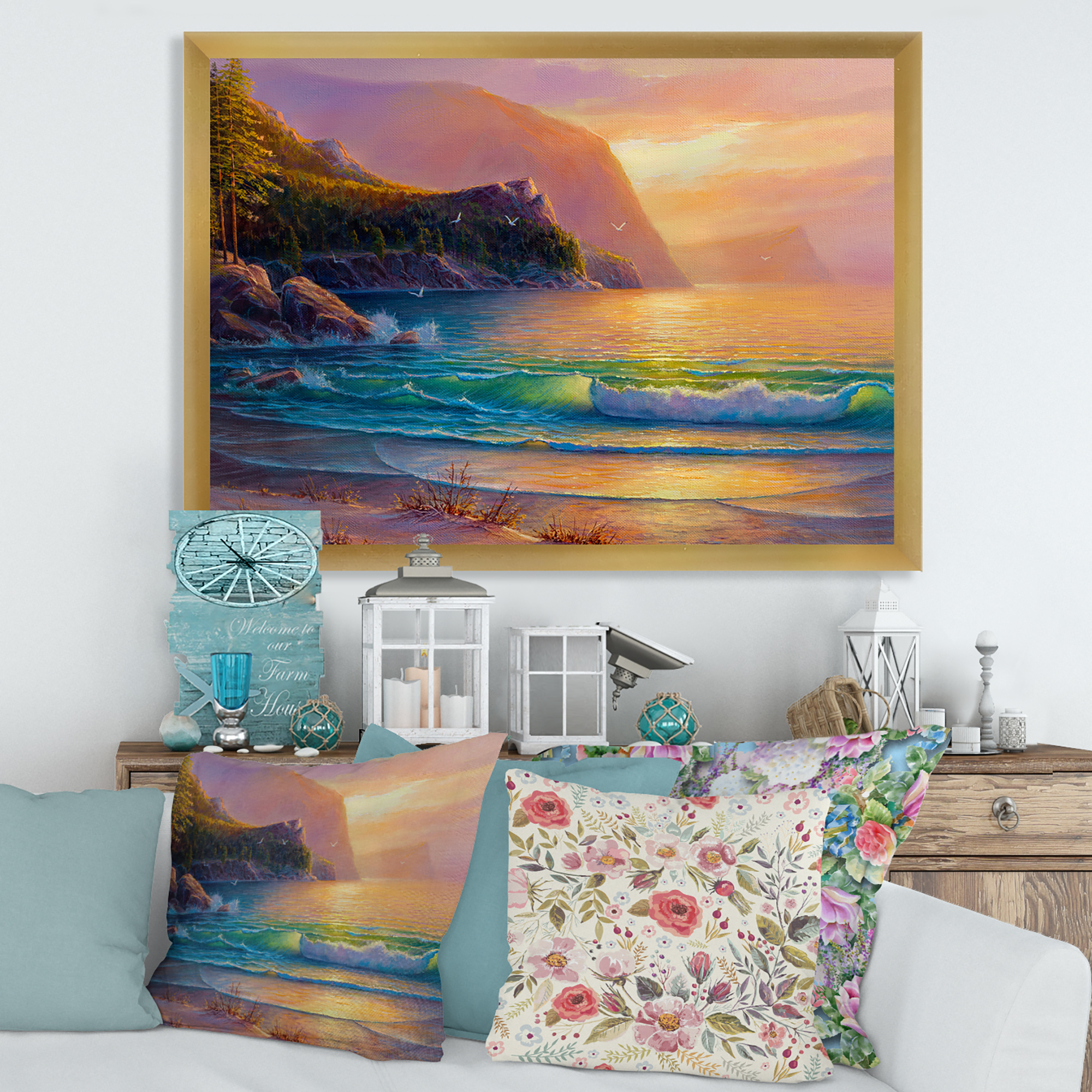 Romantic Beach During Warm Evening 20 in x 12 in Framed Photography Canvas Art Print, by Designart