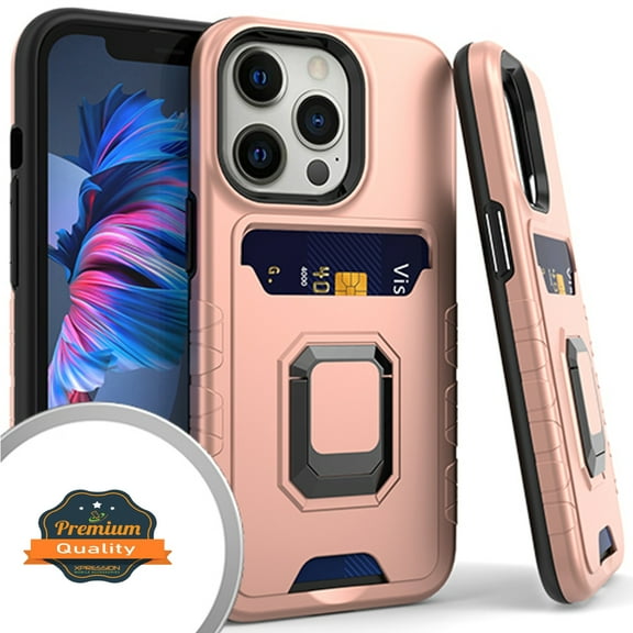 Xpression Case for Apple iPhone 13 Pro Max (6.7") Wallet Credit Card Slot Holder with Ring Kickstand Heavy Duty Hybrid Dual Layer Stand Phone Cover [Rose Gold]