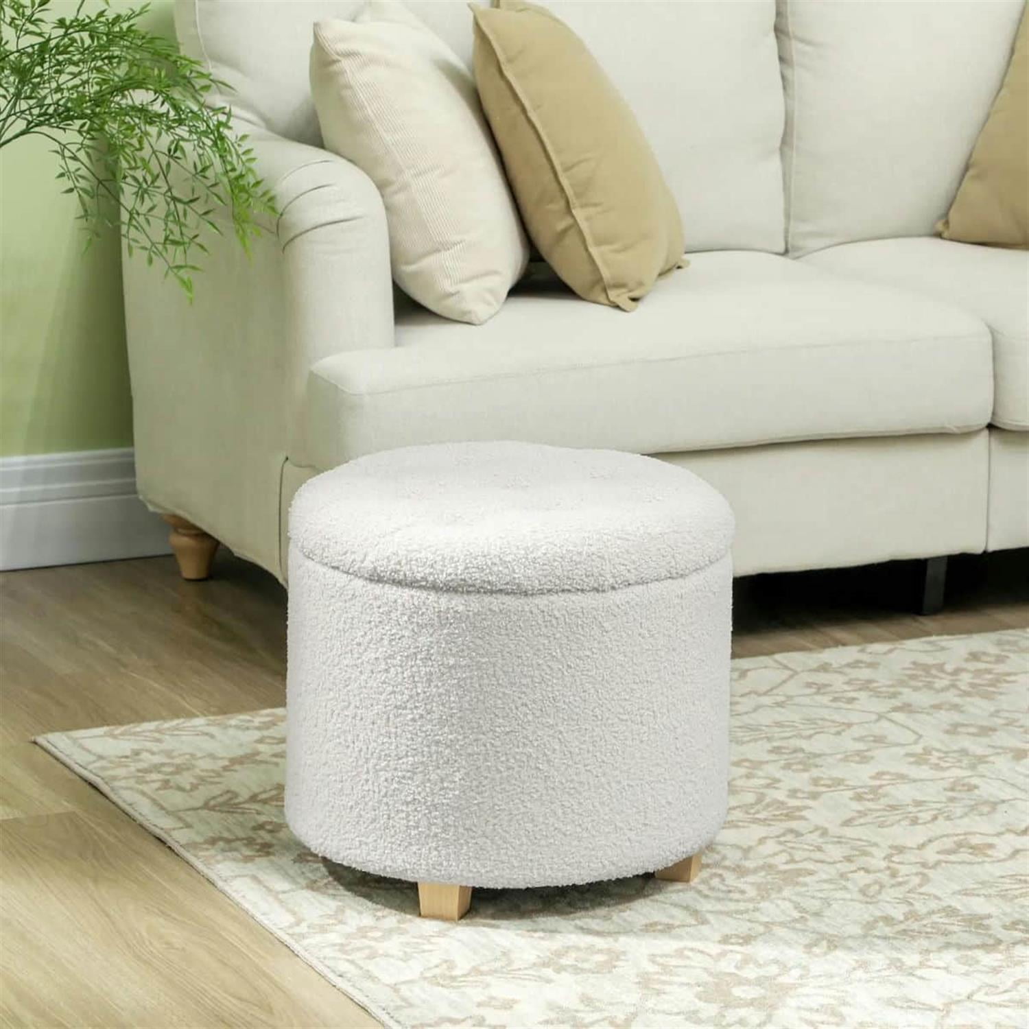Demi Bonn 17" Round Ottoman with Storage, Wooden Legs, Cozy Teddy Fleece Tufted Footstool Lid for Living Room Hallway, White