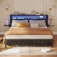 thumbnail image 1 of WXXRRR Queen Bed Frame with Upholstered Headboard and Charging Station, Folding Bedside Shelves Storage, LED Metal Platform Bed Frame, Non-Slip, Noise-Free, Easy Assembly, Walnut, 1 of 12