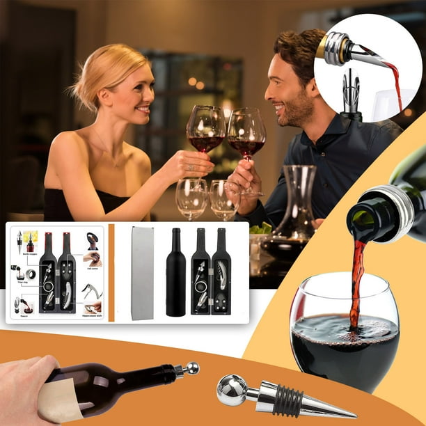 Sacacorchos para Vino, Estuche de 5 Piezas con Forma de Botella, Herramientas de Acero Inoxidable, Elegante Tapón de Vino, Cortador de Papel, Vertedor, Regalo Perfecto para Fiestas, Decoraci