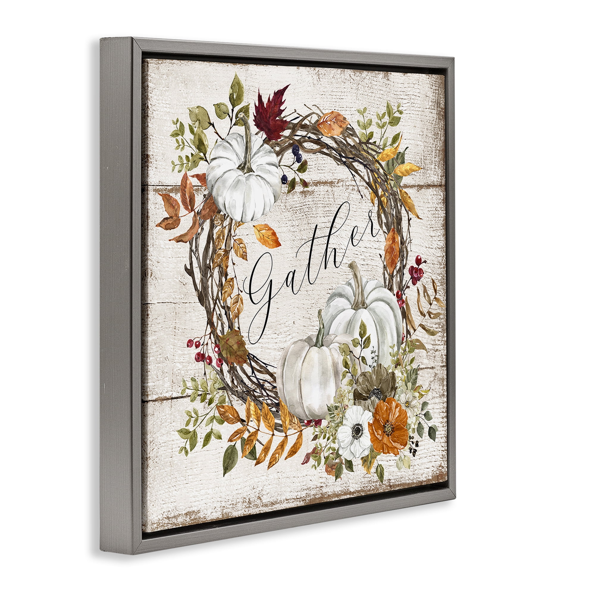 Stupell Industries Gather Autumnal Wreath Holiday Painting Gray Floater Framed Canvas Art Prints Wall Art, 25 x 25