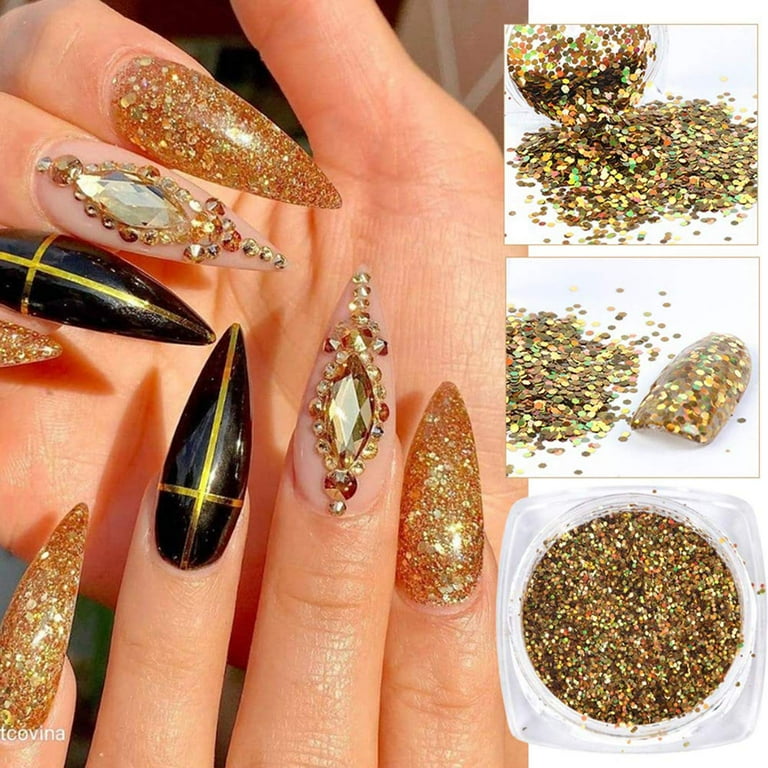 Holographic Gold Glitters Nail Art Sequins 3D Glitter Nail Flakes Decoration for Women Girls Manicure Tips DIY Acrylic Nails Supplies Shining Nail Art