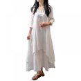 thumbnail image 2 of Femmes Coton et Lin Maxi Robe 2018 Printemps Été Faux Deux Pièces Demi-Manche Robe Irrégulière en Vrac Oversize, 2 of 9