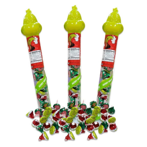 Hershey Kisses Grinch Candy Cane Tubes - Christmas Chocolate (Pack of 3)