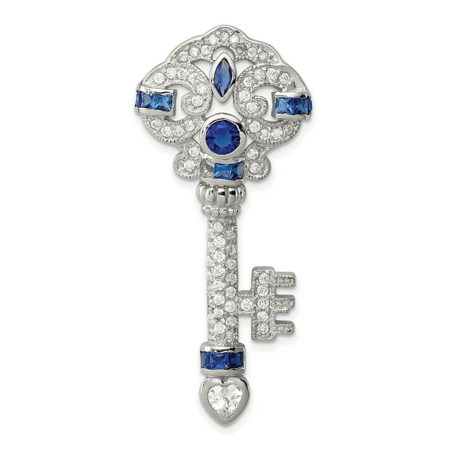 925 Sterling Silver Blue Cubic Zirconia Cz Key Slide Pendant Charm Chain