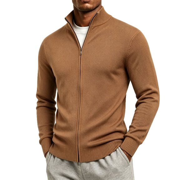 LODIENY Men Full Zip Sweater Casual Mock Neck Ribbed Knit Sweaters Slim Fit Long Sleeve Fashion Fall Winter Tops Khaki XL