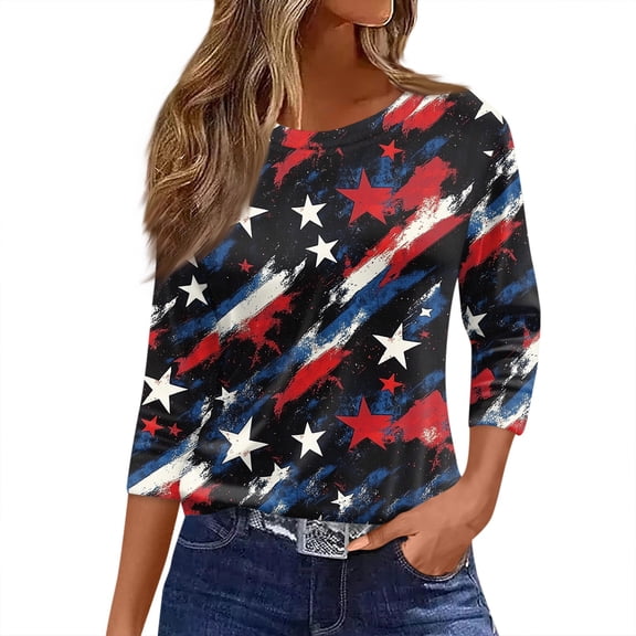 HAVUITYY Independence Day 3/4 Sleeve Sweaters for Womens, Fashionable American Flag 4th of July Womens Tops, Women's Lightweight Spring Casual Blouse