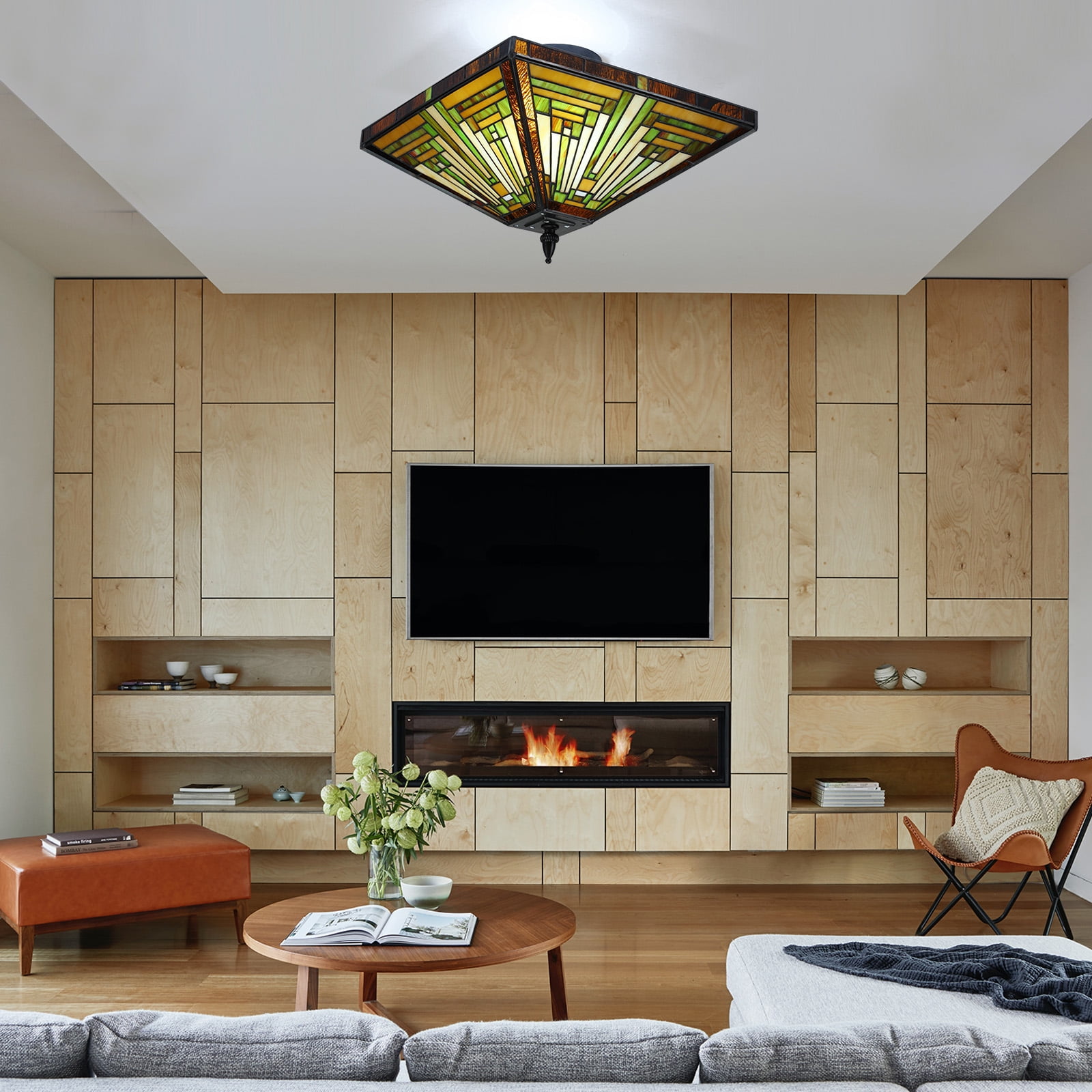 Tiffany Style Chandelier Stained Glass Vintage Ceiling Light Lamp 2 Light Fixture for Bedrooms, Study