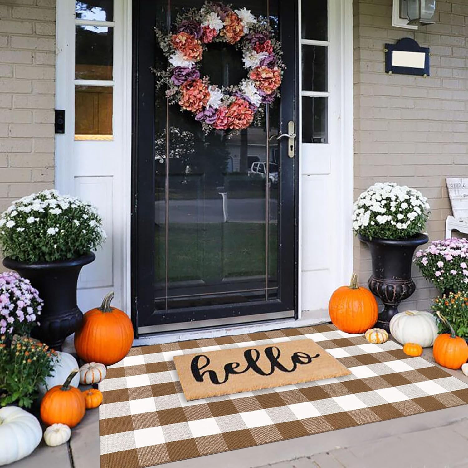 Fall Ourdoor Rug Farmhouse Brown and White Buffalo Check Rug Layered Welcome Door Mat for Front Porch Decor, Front Door, Farmhouse Decor(35.4''x59'', Coffee and White)